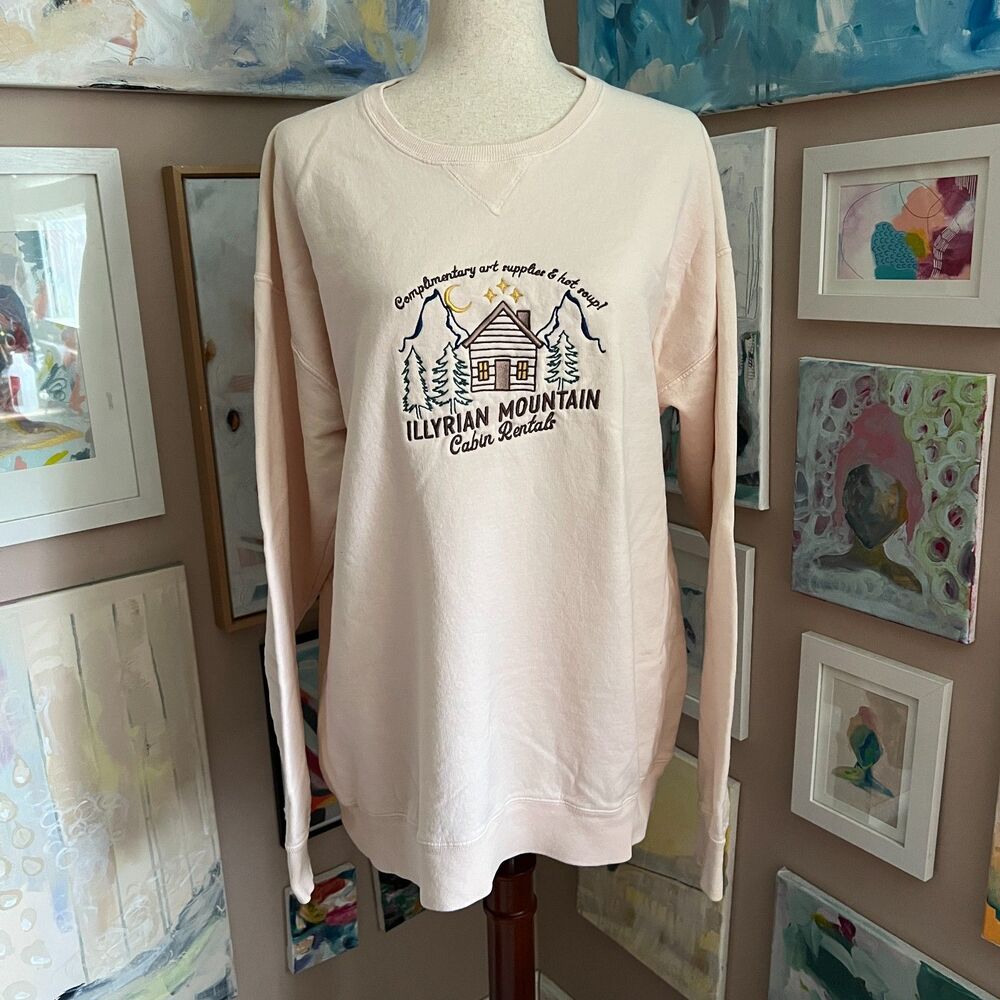 Cabincore Cozy Girl Peach Fun Graphic Sweatshirt Size L Oversized Artsy Crewneck